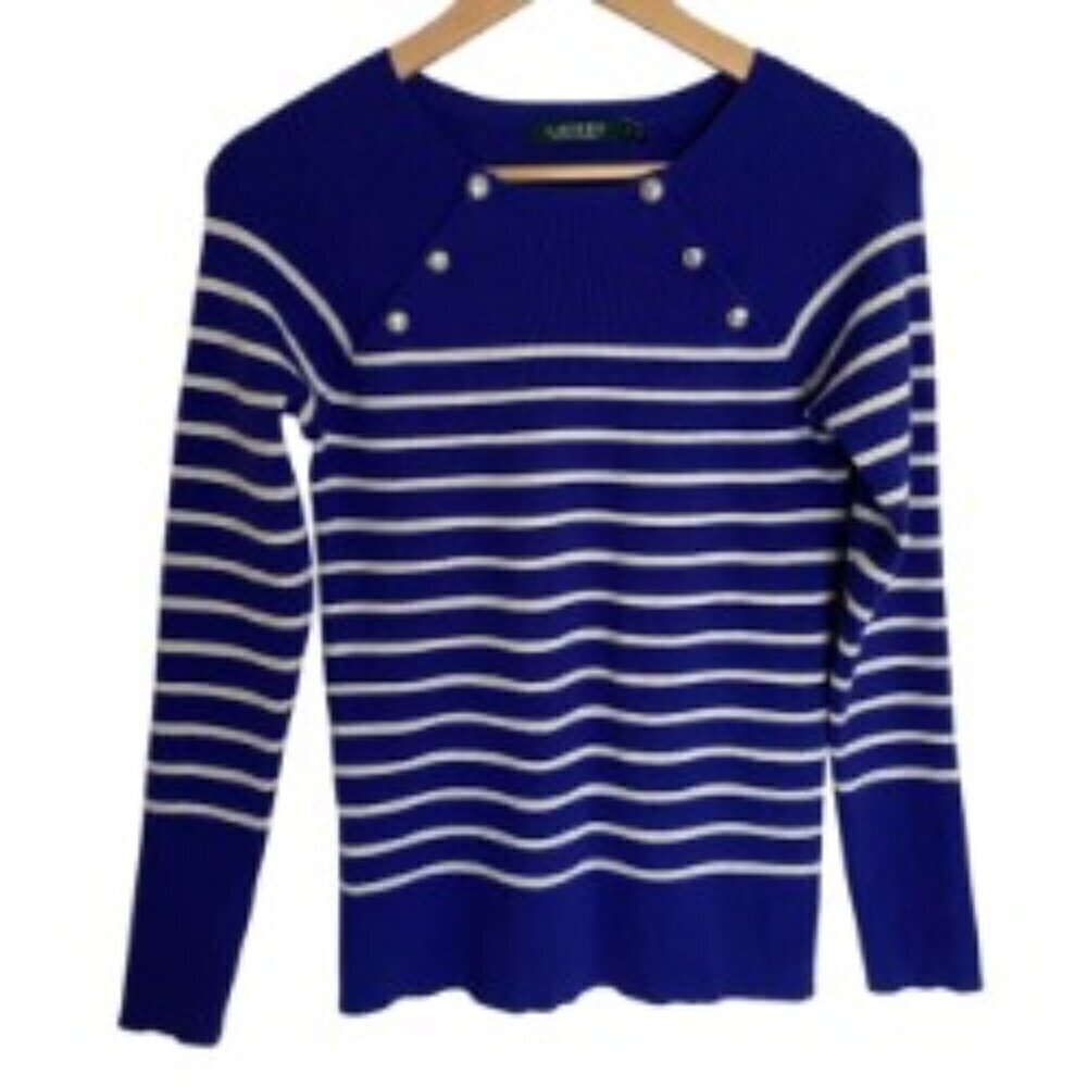 Ralph Lauren Button Shoulder Blue & White Striped Sweater Small